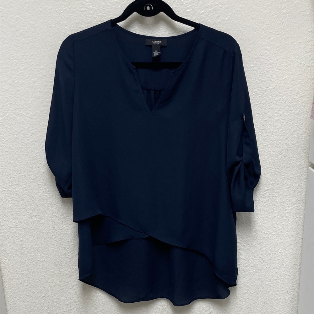 Alfani 12P Petite Deep Navy Blue Hi Lo Layered Blouse Top Shirt